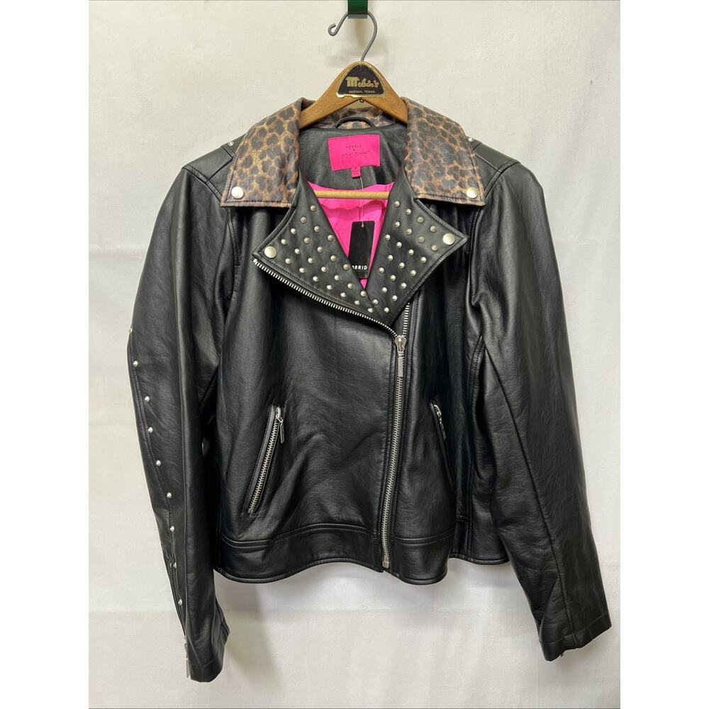 Torrid Betsey Johnson Black Faux Leather Leopard Trim Moto Jacket Sz 2 *See Pics